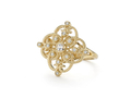 18kt yellow gold Filigree ring with .13 cts white topaz and .12 cts diamonds. Available in white, yellow, or rose gold.
